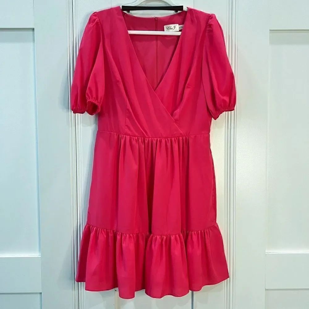 Eliza J Women 10 Hot Pink Surplice Neck Puff Sleeve Fit Flare Mini Dress Pockets